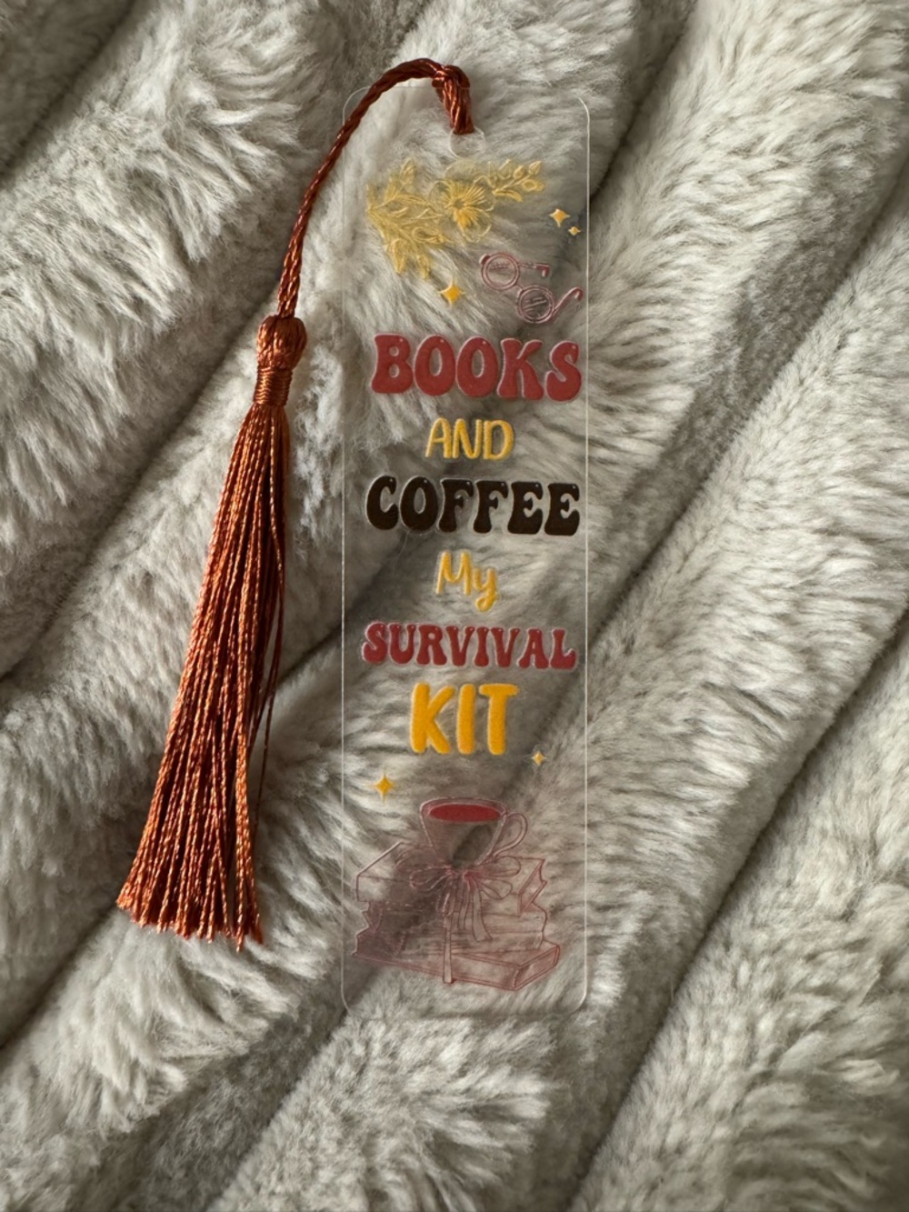 Books and Coffee Survival Kit Tassel Bookmark - Clear Acrylic